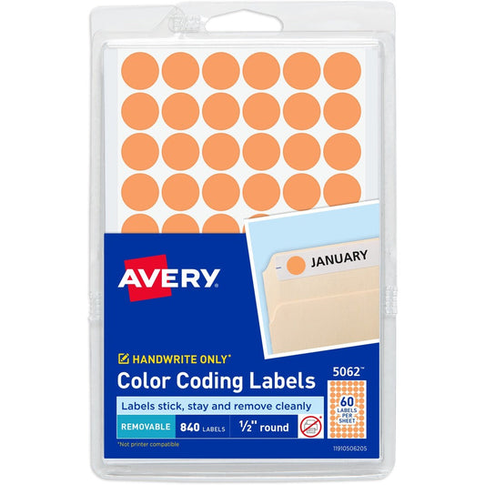 Avery&reg; Color-Coding Removable Labels 1/2 Inch Round Stickers Neon Orange Non-Printable 840 Dot Stickers Total (5062)