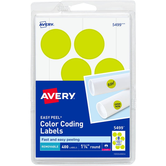 Avery&reg; Self-Adhesive Removable Labels 1-1/4" Diameter Yellow Neon 400 per Pack (5499)