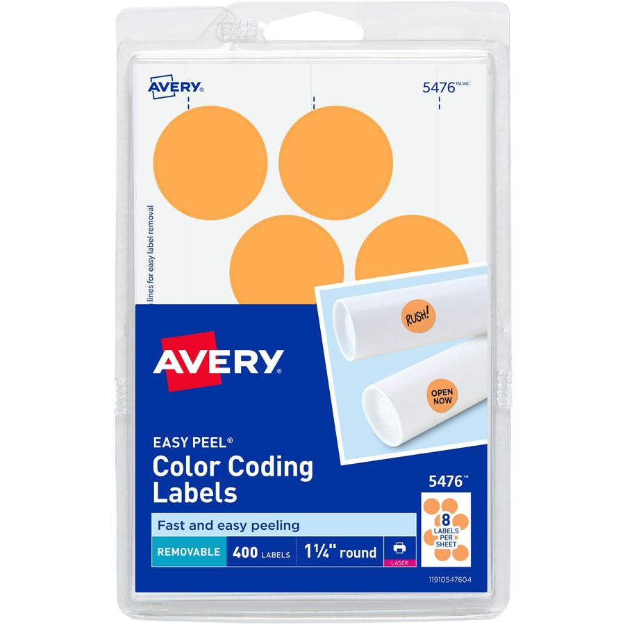 Avery&reg; Removable Color-Coding Labels Removable Adhesive Neon Orange 1-1/4" Diameter 400 Labels (5476)