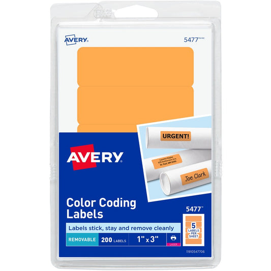 Avery&reg; Self-Adhesive Removable Labels 1 x 3 Inches Orange Neon 200 per Pack (05477)