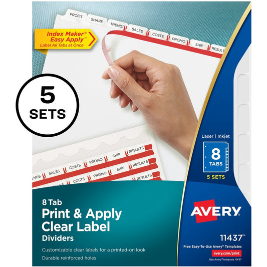 Avery&reg; Print & Apply Clear Label Dividers Index Maker(R) Easy Apply(TM) Printable Label Strip 8 White Tabs 5 Sets (11437)