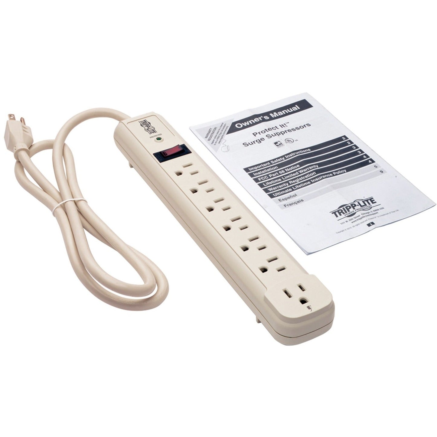 Tripp Lite Protect It! 7-Outlet Surge Protector 4 ft. (1.22 m) Cord 1080 Joules 1 Diagnostic LED Light Gray Housing