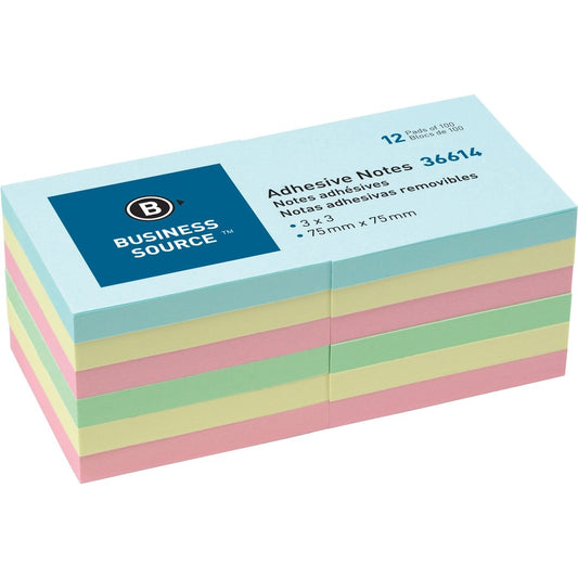 Business Source 3" Plain Pastel Colors Adhesive Notes