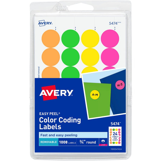 Avery&reg; Removable Print or Write Color Coding Labels 3/4" Round Assorted Neon Pack of 1008 (5474)