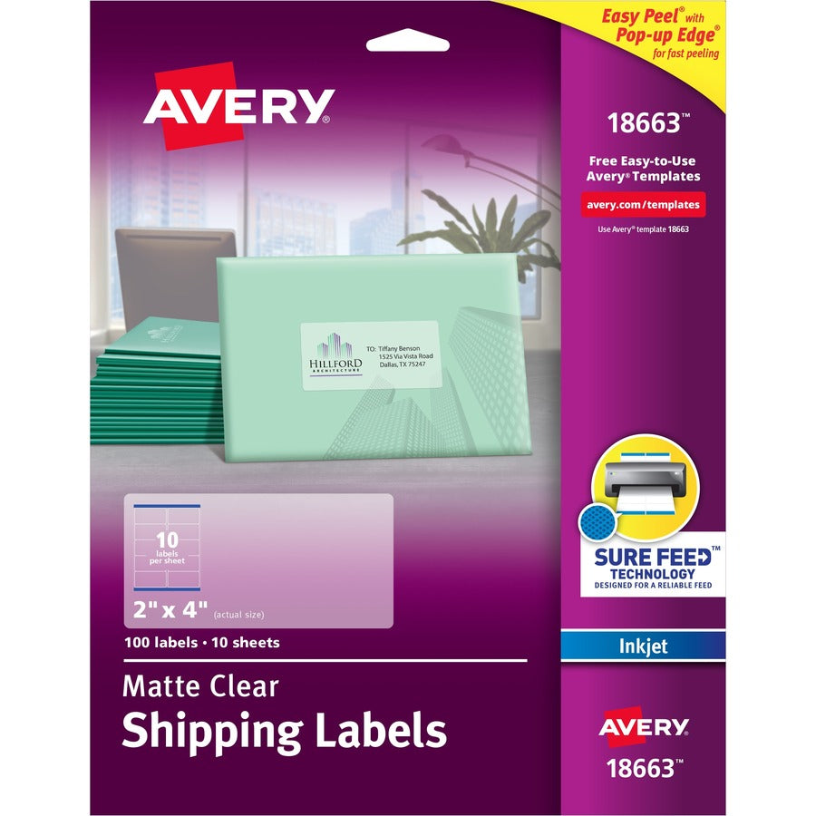 Avery&reg; Matte Clear Shipping Labels Sure Feed&reg; Technology Inkjet 2" x 4"  100 Labels (18663)