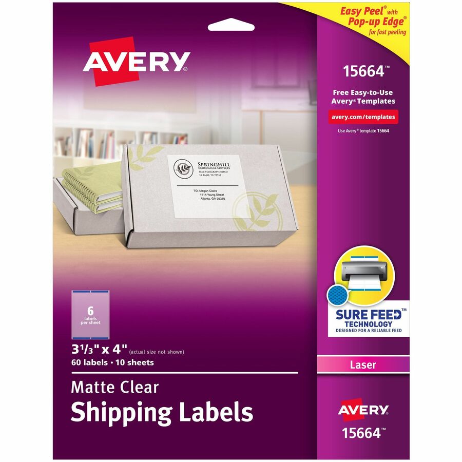 Avery&reg; Matte Clear Shipping Labels Sure Feed&reg; Technology Laser 3-1/3" x 4"  60 Labels (15664)