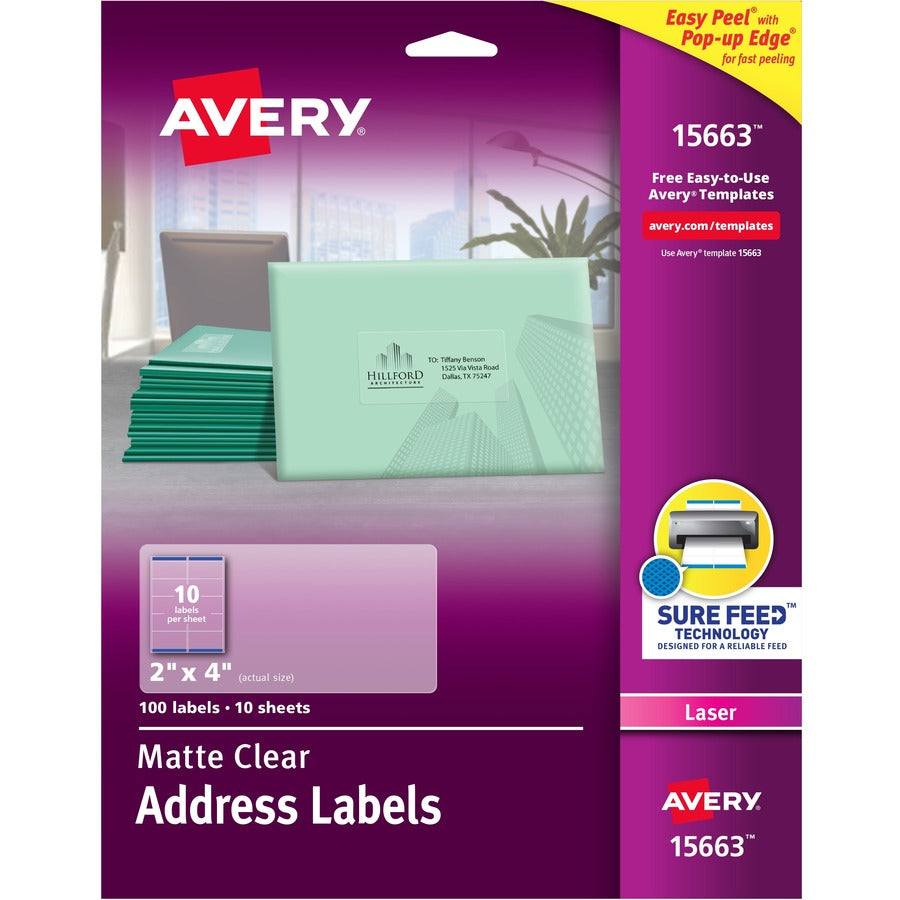 Avery&reg; Matte Clear Shipping Labels Sure Feed&reg; Technology Laser 2" x 4"  100 Labels (15663)