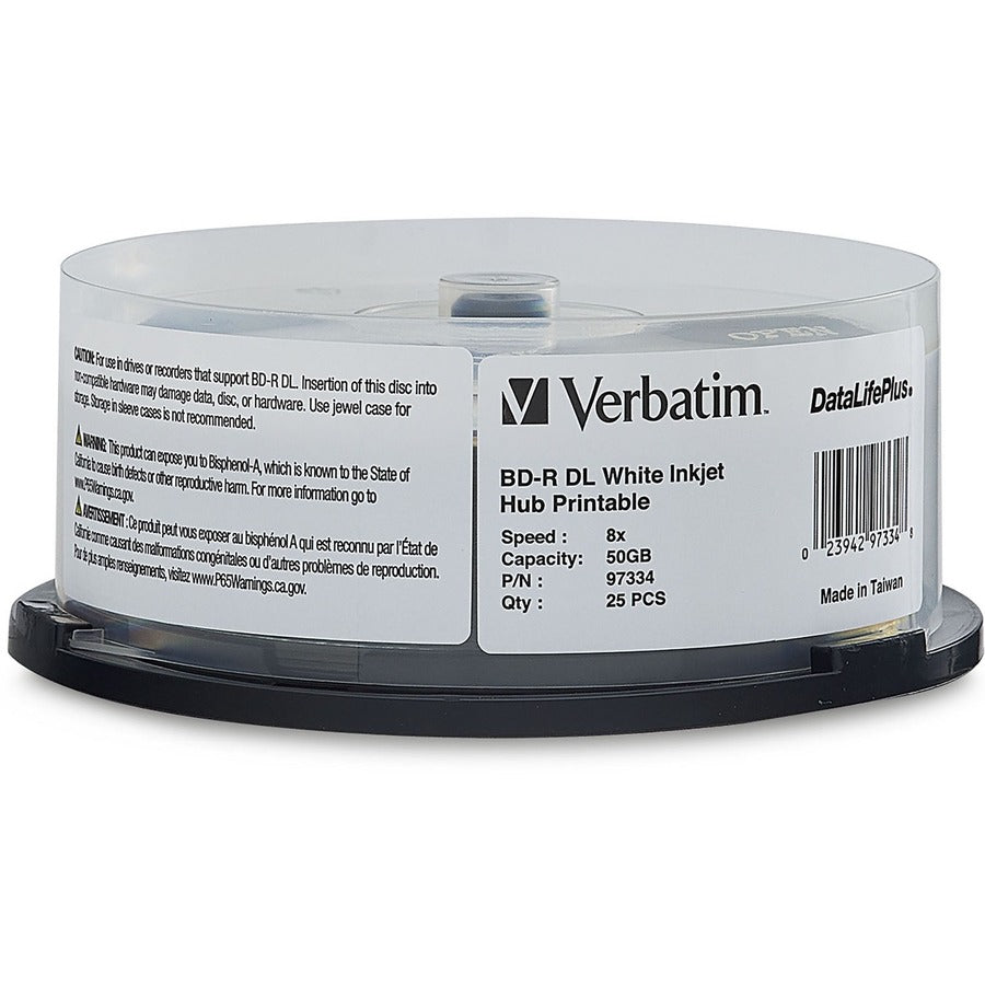 Verbatim BD-R DL 50GB 8X White Label DataLife+ White InkJet Hub Printable 25PK Spindle