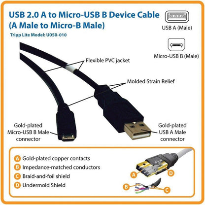 Tripp Lite 10ft USB 2.0 Hi-Speed Active Device Cable A to Micro-B M/M 10'