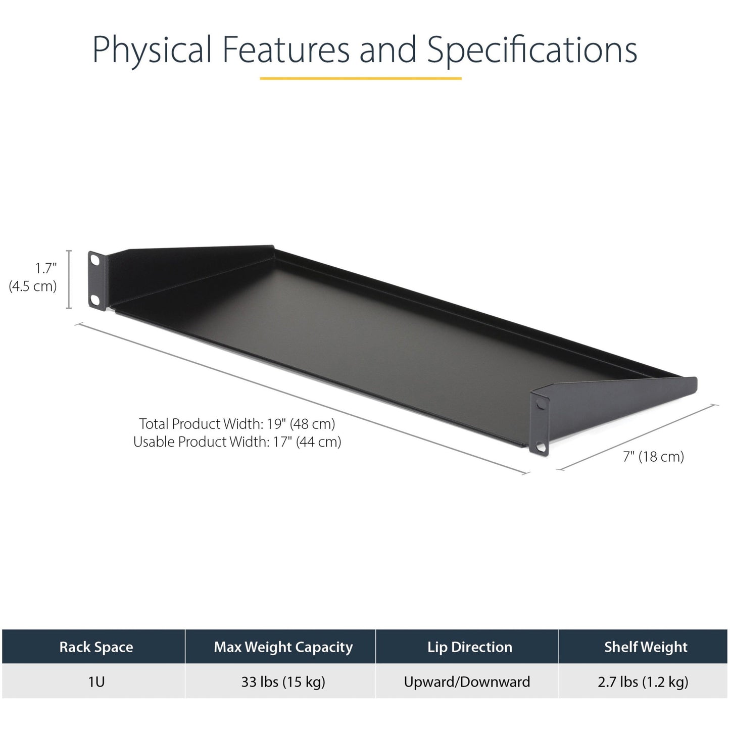 StarTech.com 1U Server Rack Cabinet Shelf - Fixed 7" Deep Cantilever Rackmount Tray for 19" Data/AV/Network Enclosure w/cage nuts screws