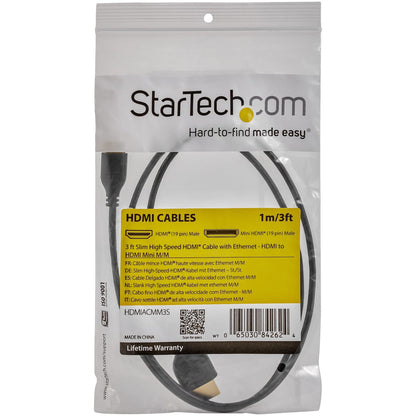 StarTech.com 3ft Mini HDMI to HDMI Cable with Ethernet 4K 30Hz High Speed Slim Mini HDMI 1.4 (Type-C) Device to HDMI Adapter Cable/Cord