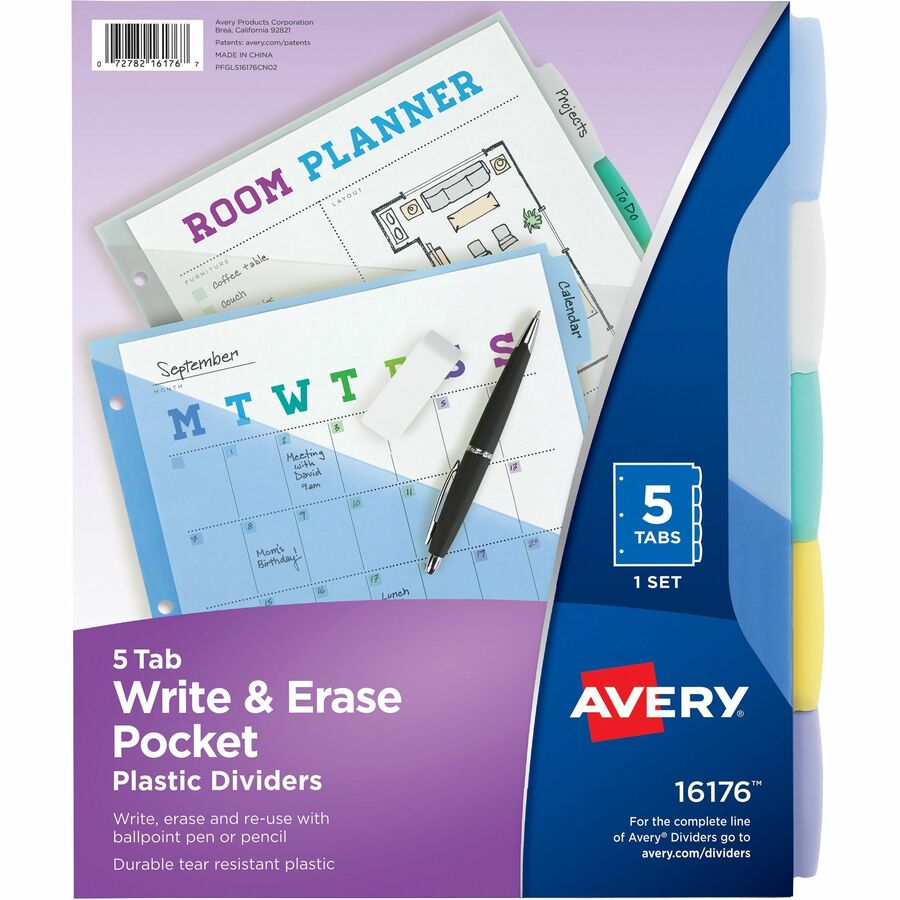 Avery&reg; Write & Erase Durable Plastic Dividers w/Pockets 5-tab Multicolor