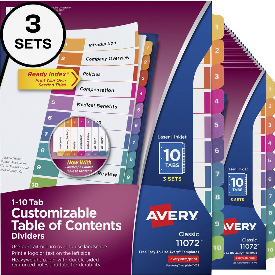 Avery&reg; Customizable Table of Contents Dividers Ready Index(R) Printable Section Titles Preprinted 1-10 Multicolor Tabs 3 Sets (11072)