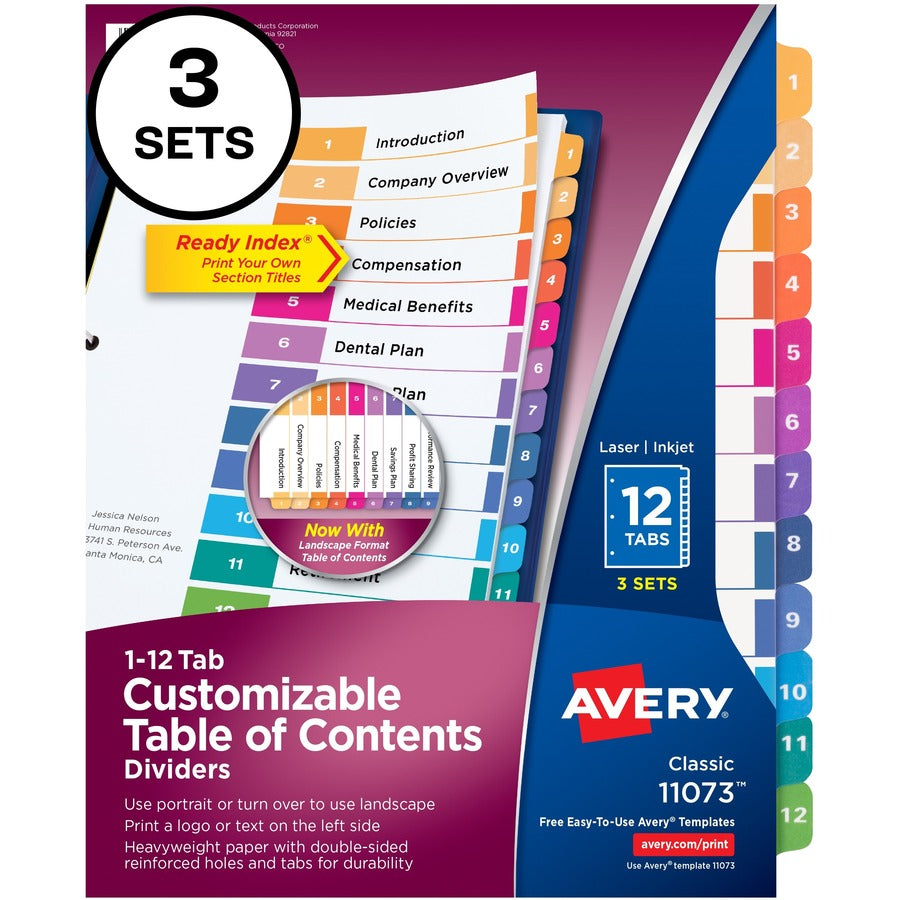 Avery&reg; Customizable Table of Contents Dividers Ready Index(R) Printable Section Titles Preprinted 1-12 Multicolor Tabs 3 Sets (11073)