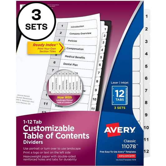 Avery&reg; Customizable Table of Contents Dividers Ready Index(R) Printable Section Titles Preprinted 1-12 White Tabs 3 Sets (11078)