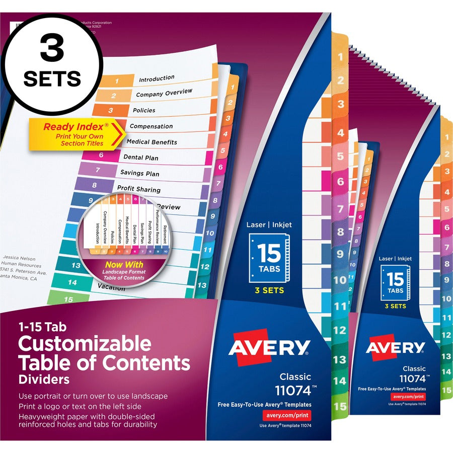 Avery&reg; Customizable Table of Contents Dividers Ready Index(R) Printable Section Titles Preprinted 1-15 Multicolor Tabs 3 Sets (11074)