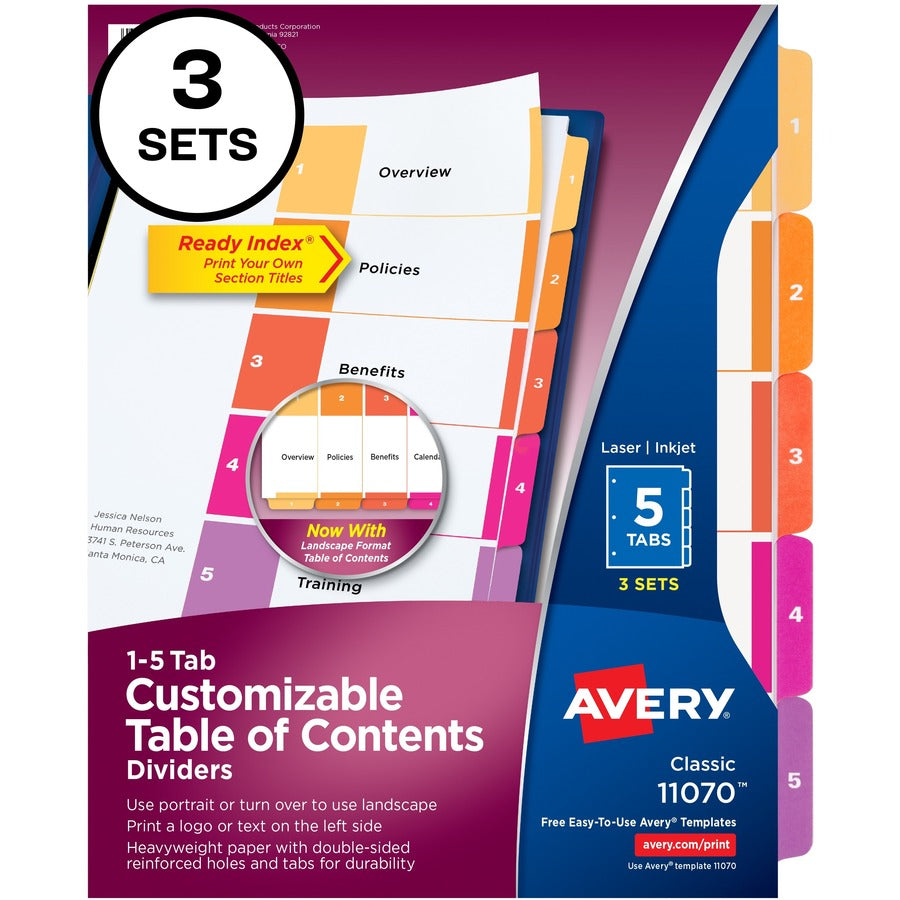 Avery&reg; Customizable Table of Contents Dividers Ready Index(R) Printable Section Titles Preprinted 1-5 Multicolor Tabs 3 Sets (11070)