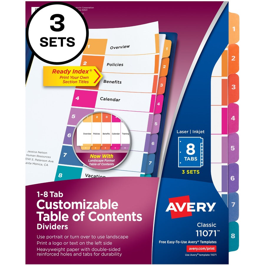 Avery&reg; Customizable Table of Contents Dividers Ready Index(R) Printable Section Titles Preprinted 1-8 Multicolor Tabs 3 Sets (11071)