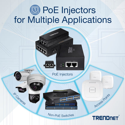TRENDnet Gigabit Power Over Ethernet Injector Full Duplex Gigabit Speeds 1 x Gigabit Ethernet Port 1 x PoE Gigabit Ethernet Port Network Devices Up To 100M (328 ft) 15.4W Black TPE-113GI