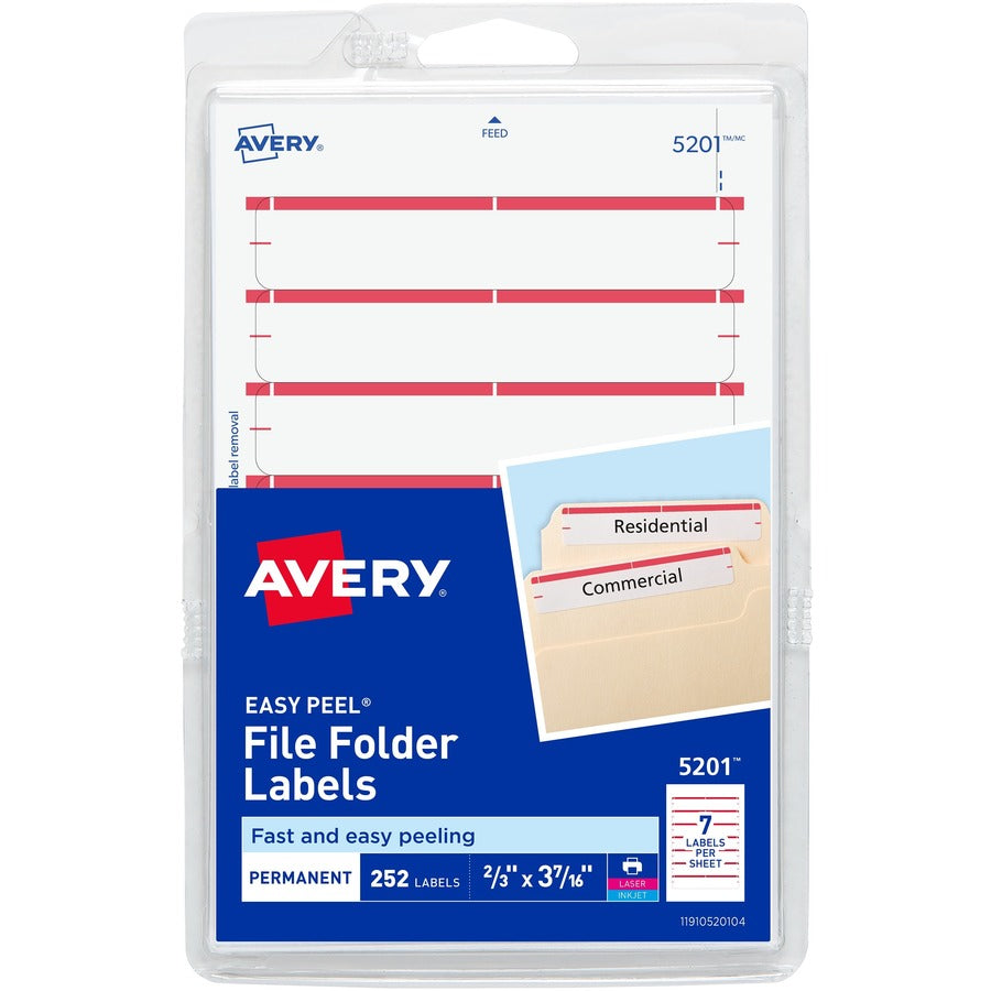 Avery&reg; File Folder Labels on 4" x 6" Sheets Easy Peel White/Red Print & Handwrite 2/3" x 3-7/16"  252 Labels (5201)