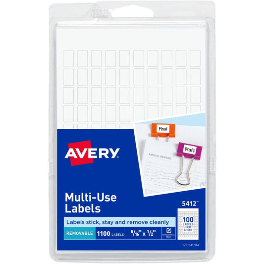 Avery&reg; Multi-Use Removable Labels 5/16" x 1/2"  White Non-Printable 1100 Blank Labels Total (5412)