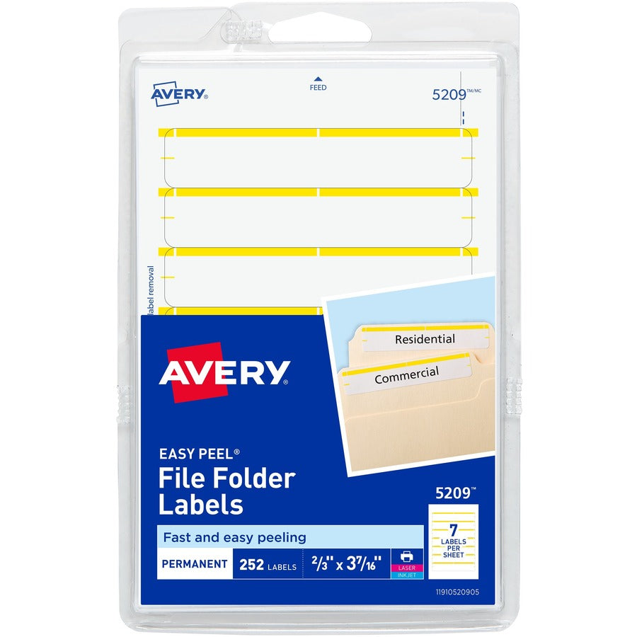 Avery&reg; File Folder Labels on 4" x 6" Sheets Easy Peel White/Yellow Print or Write 2/3" x 3-7/16"  252 Labels (5209)