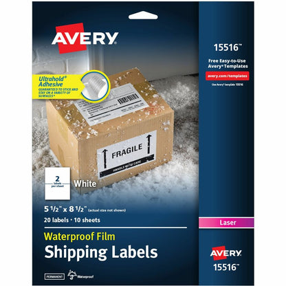 Avery&reg; Waterproof Shipping Labels with Ultrahold&reg; Permanent Adhesive 5-1/2" x 8-1/2"  20 Labels for Laser Printers (15516)