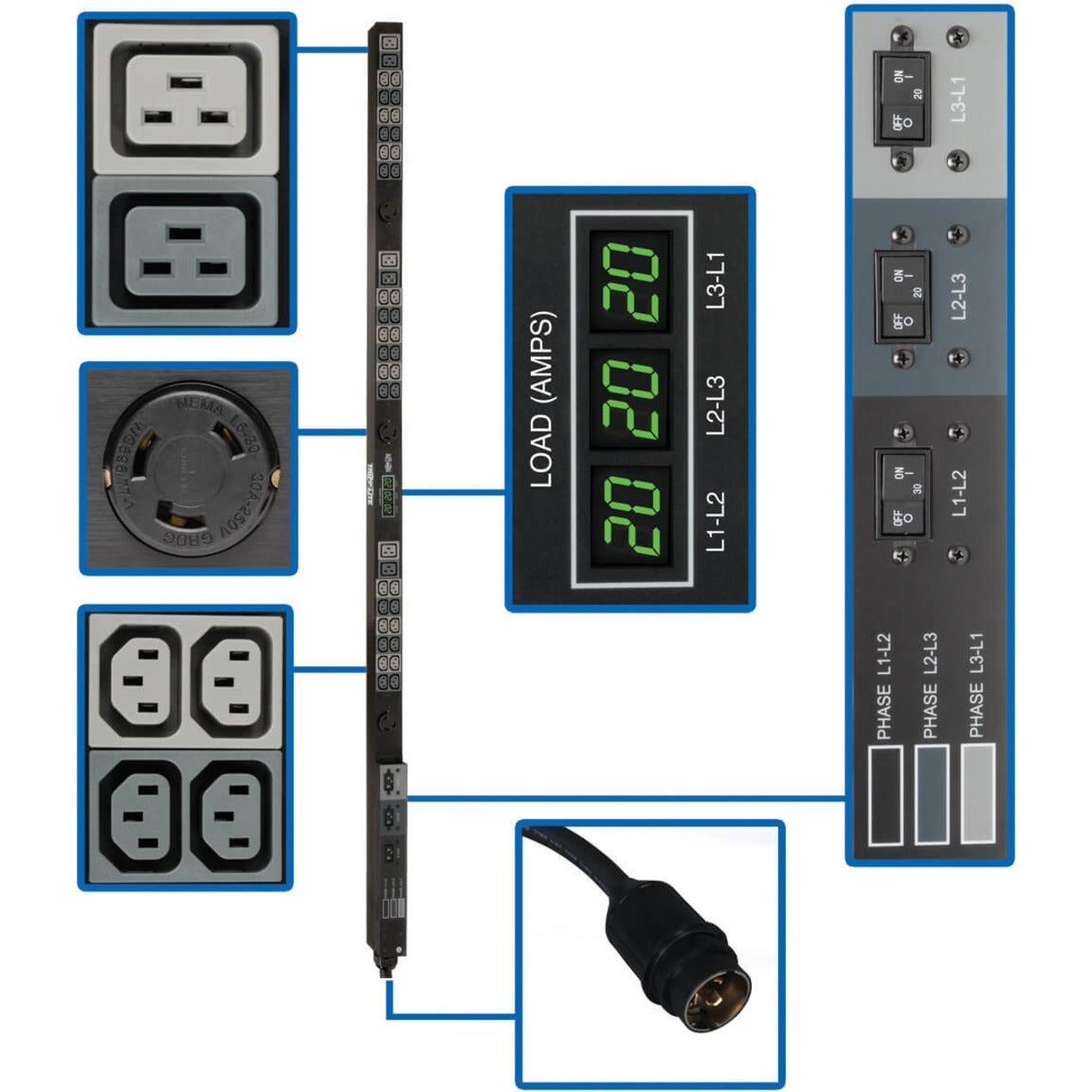 Tripp Lite PDU 3-Phase Metered 208V 14.4kW 36 C13; 6 C19; 3 L6-30R 0URM