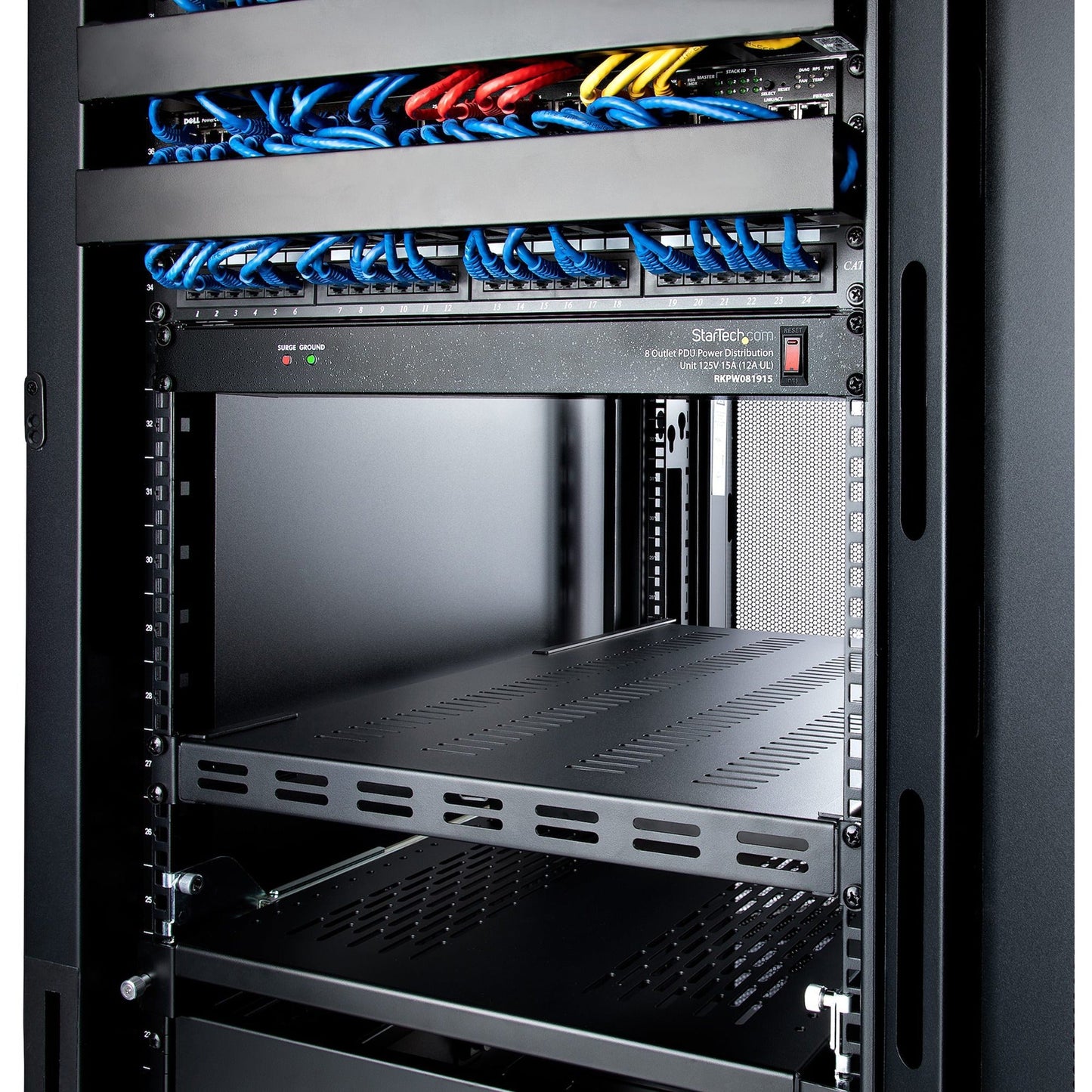 StarTech.com 1U 4-Post 19.5 to 38in Adjustable Mounting Depth Vented Rack Mount Shelf - Heavy Duty Fixed Rack Shelf - 330lbs / 150kg - 27.5in Deep