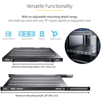 StarTech.com 1U 4-Post 19.5 to 38in Adjustable Mounting Depth Vented Rack Mount Shelf - Heavy Duty Fixed Rack Shelf - 330lbs / 150kg - 27.5in Deep