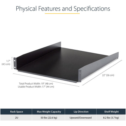 StarTech.com 2U Server Rack Cabinet Shelf - Fixed 22" Deep Cantilever Rackmount Tray for 19" Data/AV/Network Enclosure w/cage nuts screws