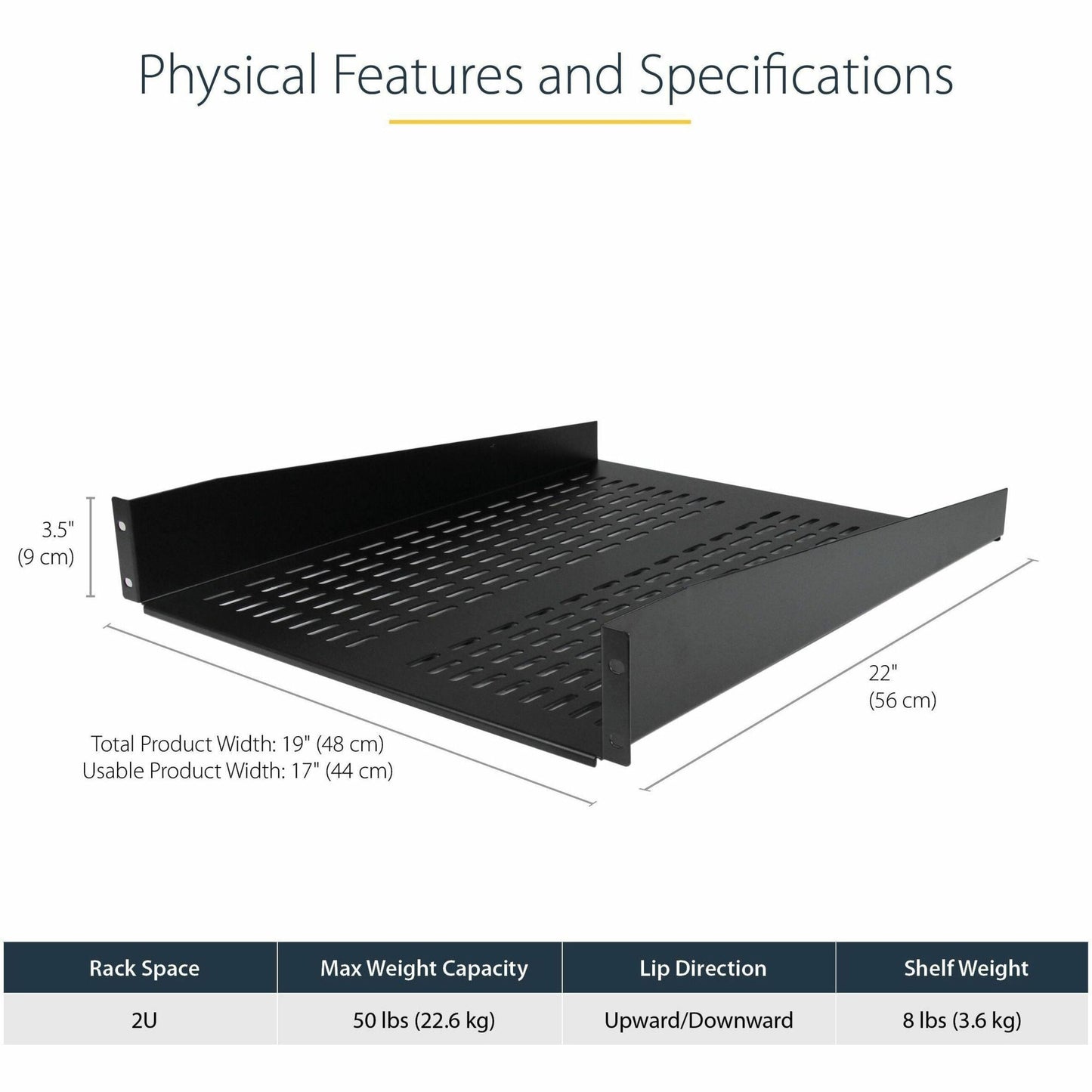 StarTech.com 2U 22in Vented Rack Mount Shelf - Fixed 22 inch Deep antilever Rackmount Tray for Server Rack Cabinet Shelf - 50lbs / 23kg
