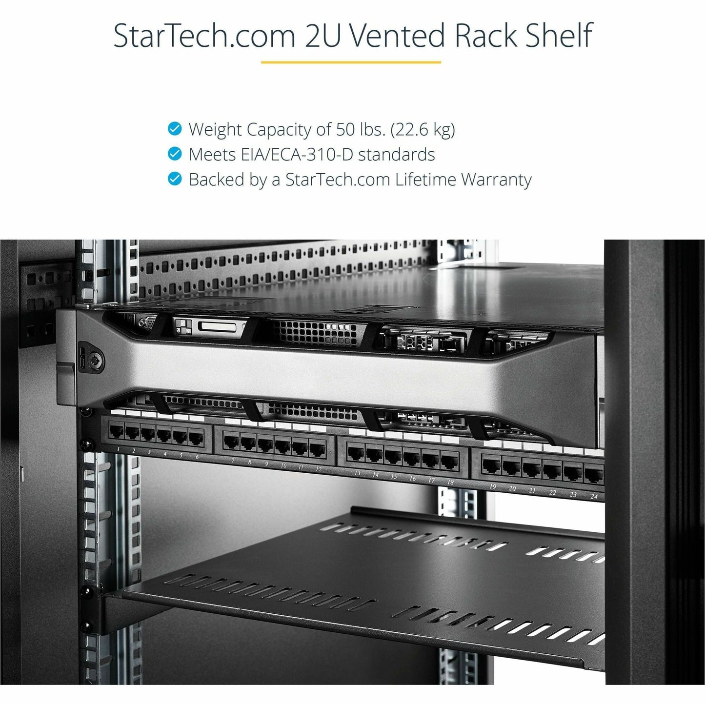 StarTech.com 2U 16in Universal Vented Rack Mount Cantilever Shelf - Fixed Server Rack Cabinet Shelf - 50lbs / 23kg