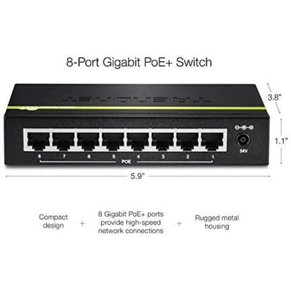 TRENDnet 8-Port Gigabit PoE+ Switch 8 x Gigabit PoE+ Ports 123W PoE Power Budget 16 Gbps Switching Capacity Desktop Switch Ethernet Network Switch Metal Lifetime Protection Black TPE-TG80G