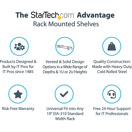 StarTech.com 2U Server Rack Cabinet Shelf - Fixed 18" Deep Cantilever Rackmount Tray for 19" Data/AV/Network Enclosure - Weight Cap. 125lbs/56kg