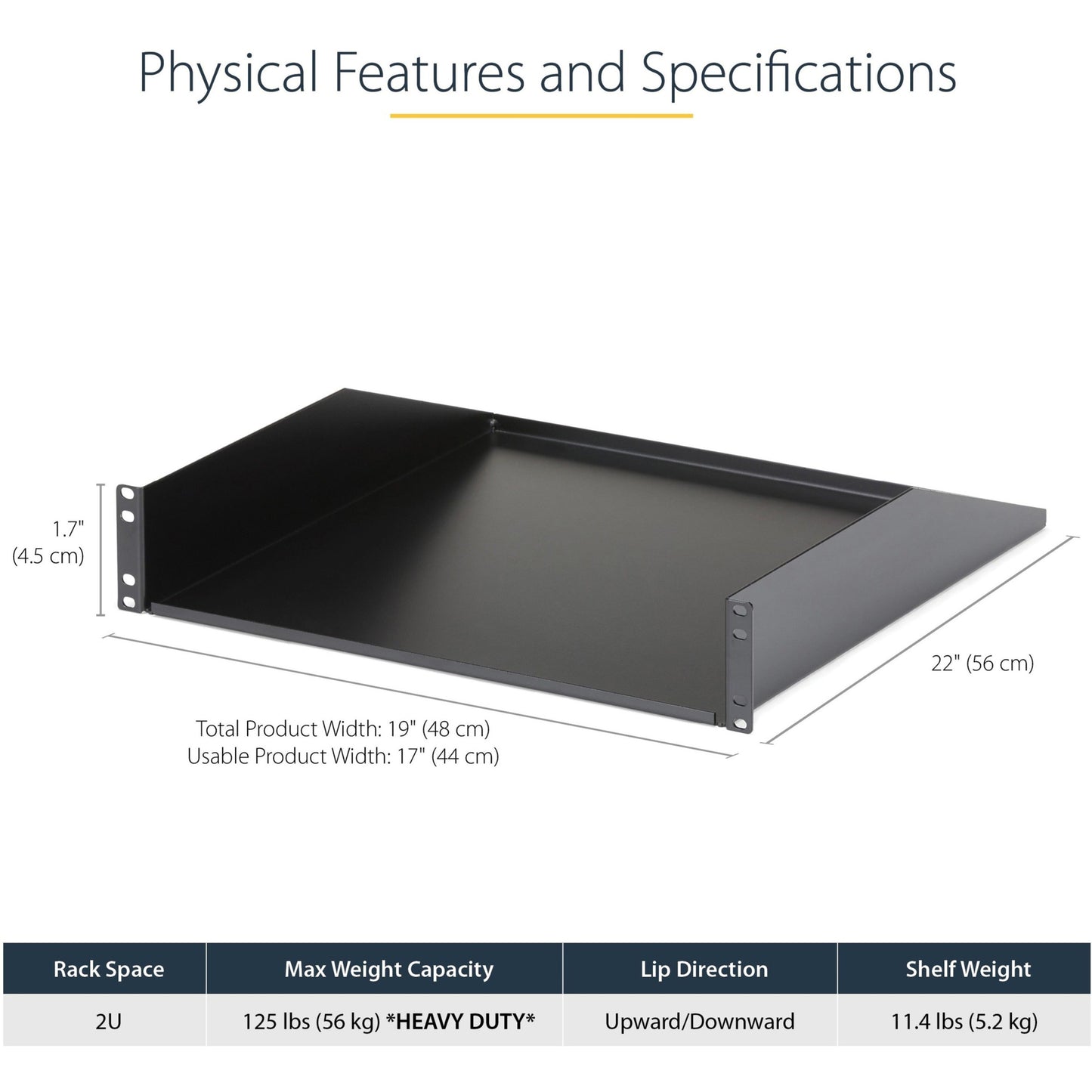 StarTech.com 2U Server Rack Cabinet Shelf - Fixed 18" Deep Cantilever Rackmount Tray for 19" Data/AV/Network Enclosure - Weight Cap. 125lbs/56kg