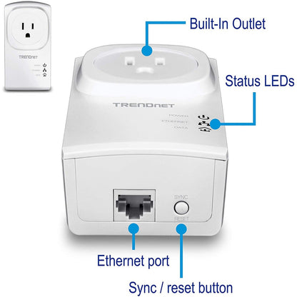 TRENDnet Powerline 500 AV Nano Adapter Kit With Built-In Outlet Power Outlet Pass-Through Includes 2 x TPL-407E Adapters Plug & Play Ideal For Smart TVs Gaming White TPL-407E2K