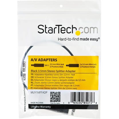 StarTech.com Black Slim Mini Jack Headphone Splitter Cable Adapter - 3.5mm Male to 2x 3.5mm Female