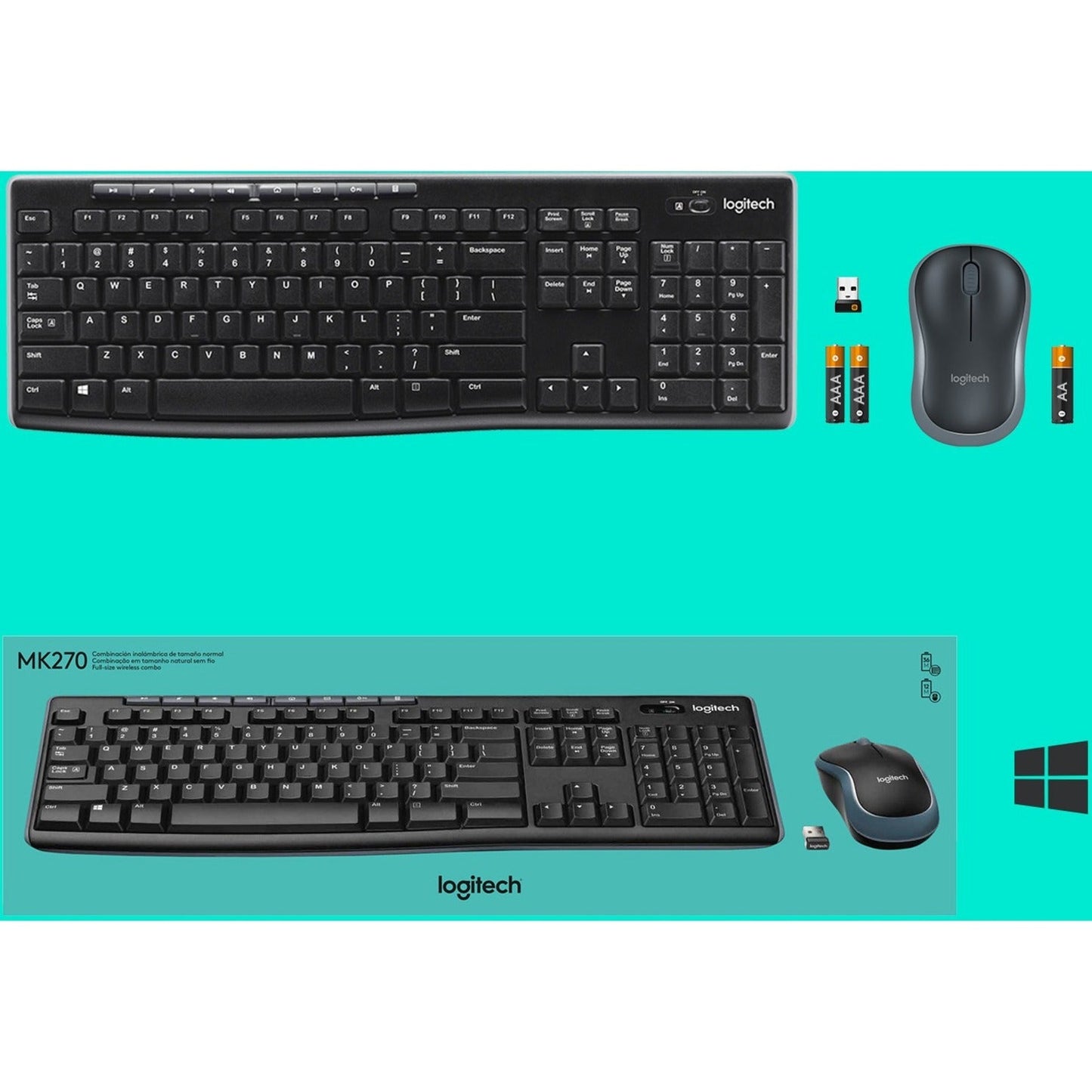 Logitech MK270 Wireless Keyboard and Mouse Combo for Windows 2.4 GHz Wireless Compact Mouse 8 Multimedia and Shortcut Keys 2-Year Battery Life for PC Laptop
