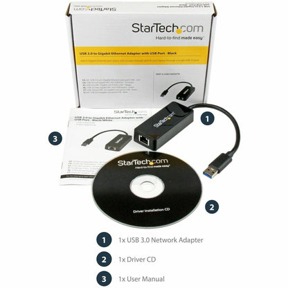 StarTech.com USB 3.0 to Gigabit Ethernet Adapter NIC w/ USB Port - Black