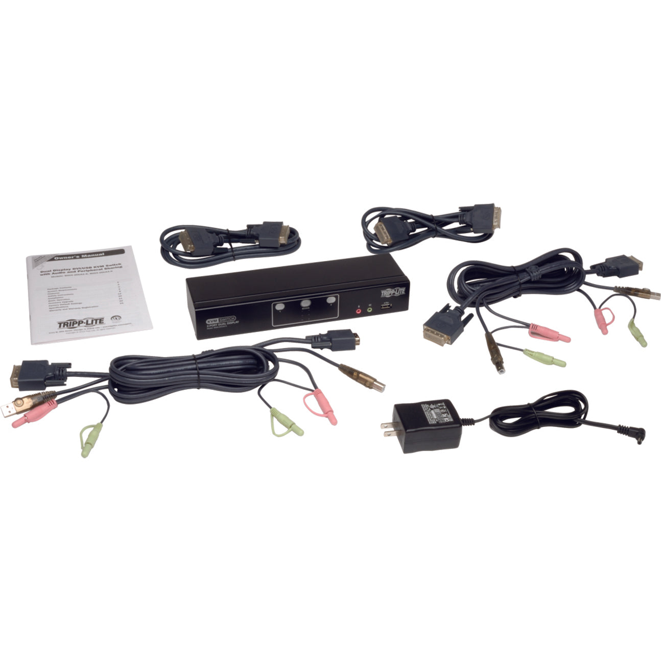 Tripp Lite 2-Port Dual Monitor DVI KVM Switch TAA GSA with Audio and USB 2.0 Hub Cables included