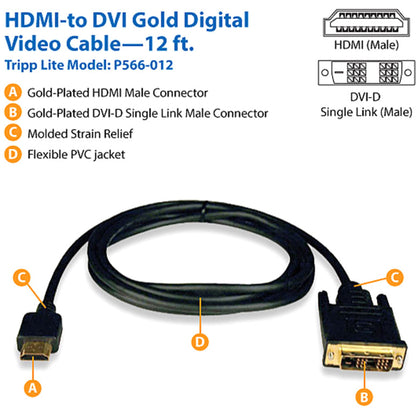 Tripp Lite 12ft HDMI to DVI-D Digital Monitor Adapter Video Converter Cable M/M 12'