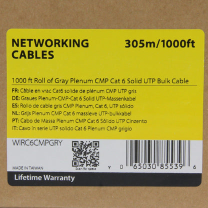 StarTech.com 1000 ft Roll of Gray Plenum CMP Cat 6 Solid UTP Bulk Cable