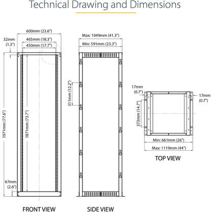 StarTech.com 42U Adjustable Depth Open Frame 4 Post Server Rack Cabinet - Flat Pack w/ Casters Levelers and Cable Management Hooks