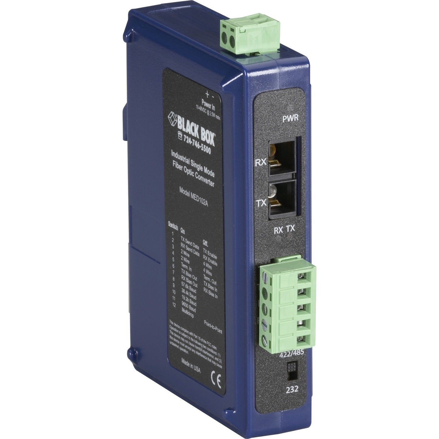 Black Box Industrial DIN Rail RS-232/RS-422/RS-485 Fiber Driver Single-Mode