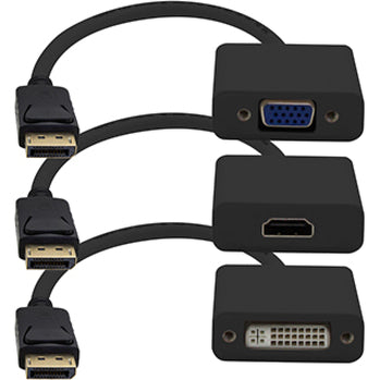 3PK DisplayPort 1.2 Male to DVI HDMI VGA Female Black Adapters Which Comes in a Bundle For Resolution Up to 1920x1200 (WUXGA)