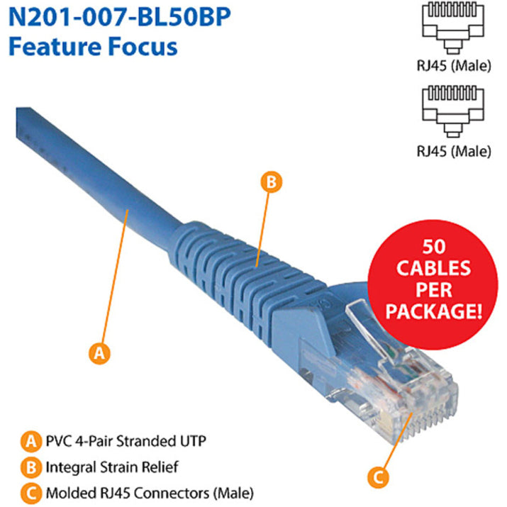 Tripp Lite Cat6 Gigabit Snagless Molded (UTP) Ethernet Cable (RJ45 M/M) PoE Blue 7 ft. (2.13 m) 50-Piece Bulk Pack