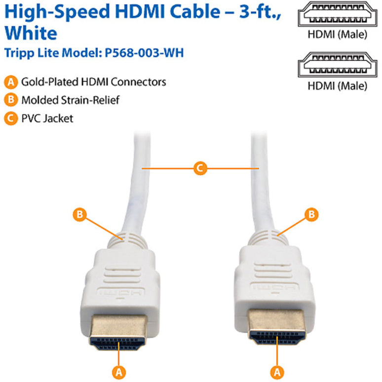 Tripp Lite 3ft High Speed HDMI Cable Digital Video with Audio 4K x 2K M/M White 3'