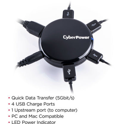 CyberPower CPH430PB USB 3.0 Superspeed Hub with 4 Ports and 3.6A AC Charger - Black