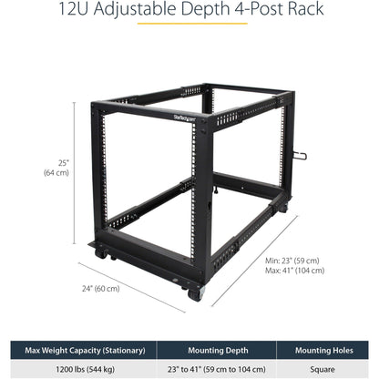 StarTech.com 4-Post 12U Mobile Open Frame Server Rack 19" Network Rack with Casters Rolling Rack for Computer/AV/Data/IT Equipment